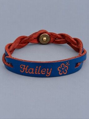 LEATHER TREATY Blue Braided Leather Personalized Hailey Name Bracelet